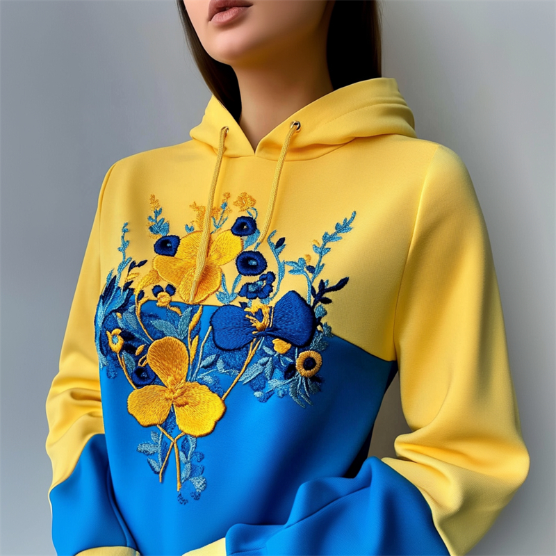 Ukraine Floral Embroidered Contrast Patchwork Hoodie Ukraine Floral Embroidered Contrast Patchwork Hoodie