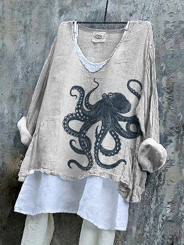 Vintage Japanese Art Octopus V Neck Linen Blend Shirt