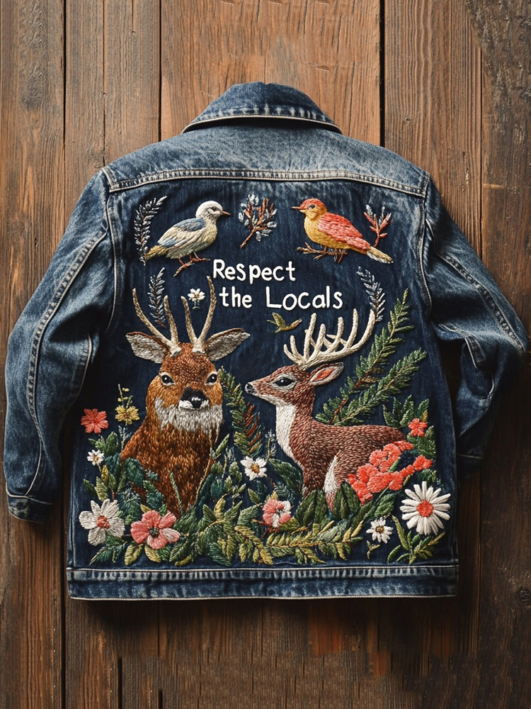 Retro Elk Floral Embroidered Art Respect The Locals Denim Jacket