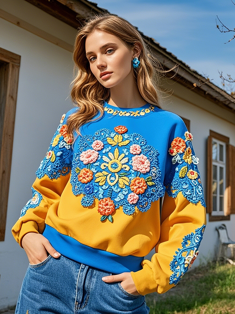 Ukraine Floral Embroidered Crew Neck Casual Sweatshirt