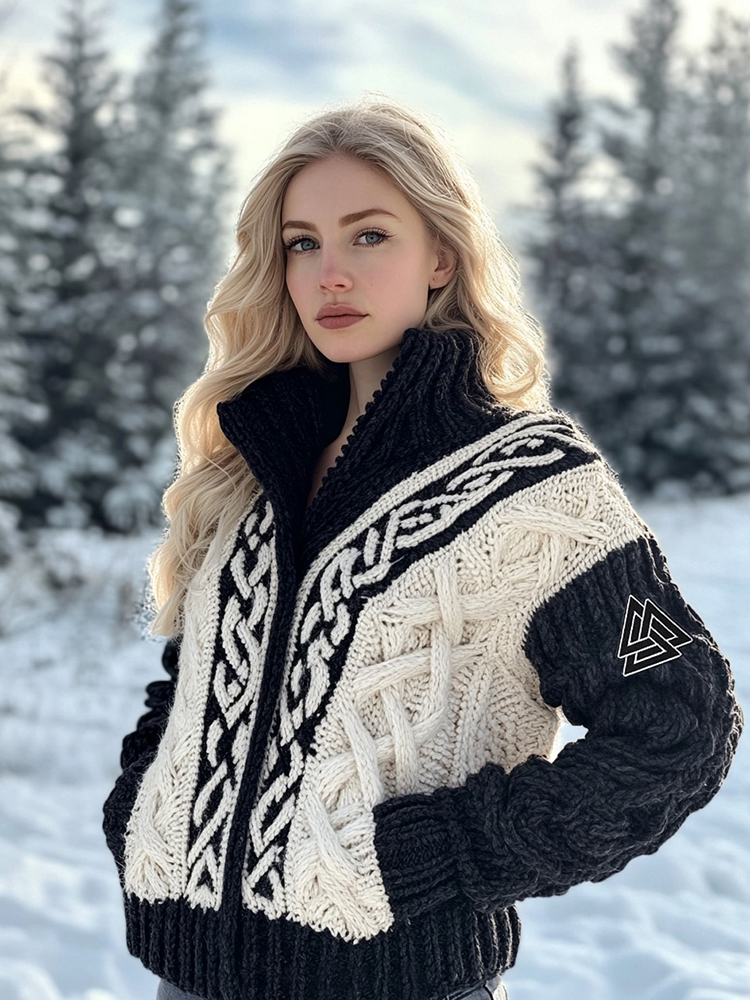 Women's Viking Tribal Jacquard Celtic Inspired Chunky Knit Zipper Cardigan