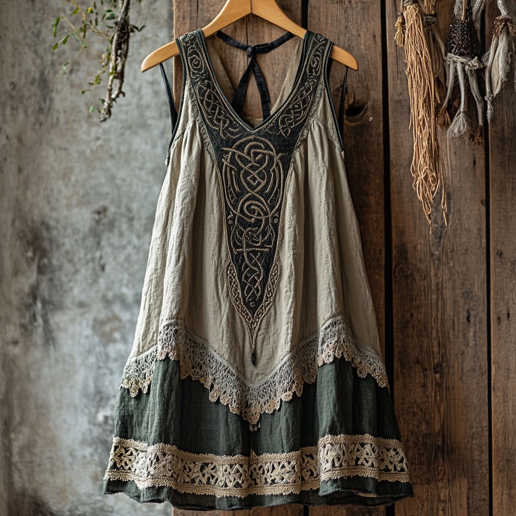 Tribal Celtic Embroidery Patchwork Lace Art Linen Tank Dress Tribal Celtic Embroidery Patchwork Lace Art Linen Tank Dress