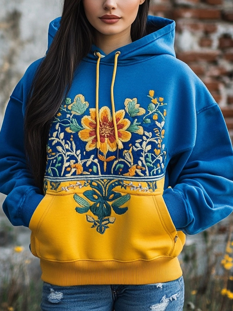 Ukrainian Folk Floral Embroidered Contrast Color Comfy Hoodie