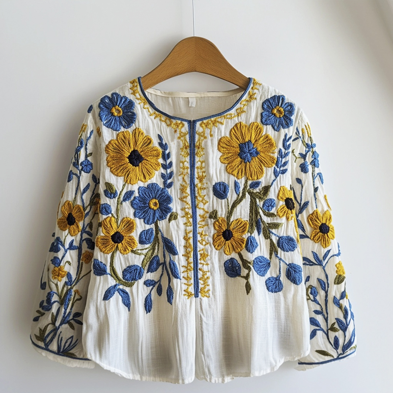 Yellow & Blue Floral Embroidery Art Women's Linen Shirt Yellow & Blue Floral Embroidery Art Women's Linen Shirt