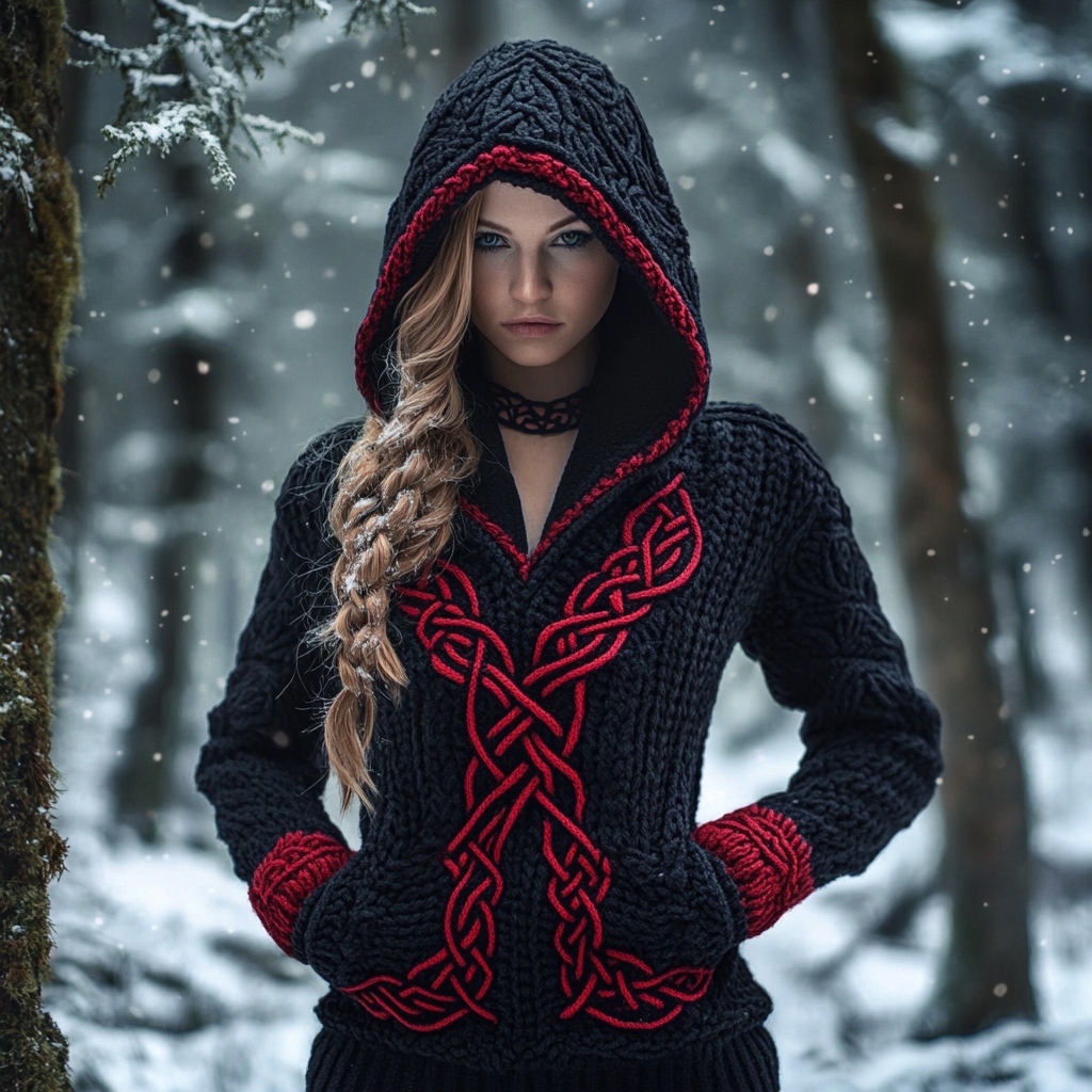Women's Viking Celtic Knot Jacquard Knit Hooded Sweater