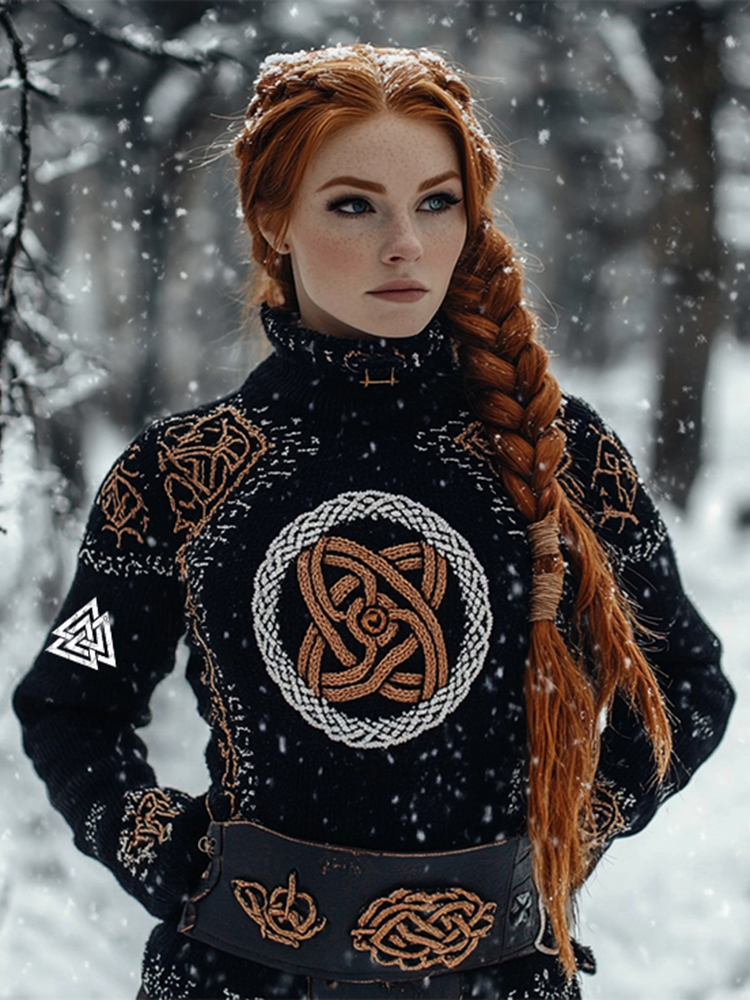 Women's Viking Tribal Jacquard Celtic Style Knitted Turtleneck Sweater