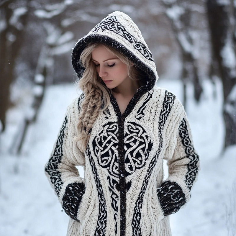 Women's Vintage Celtic Knot Jacquard Cozy Knit Hooded Cardigan Women's Vintage Celtic Knot Jacquard Cozy Knit Hooded Cardigan
