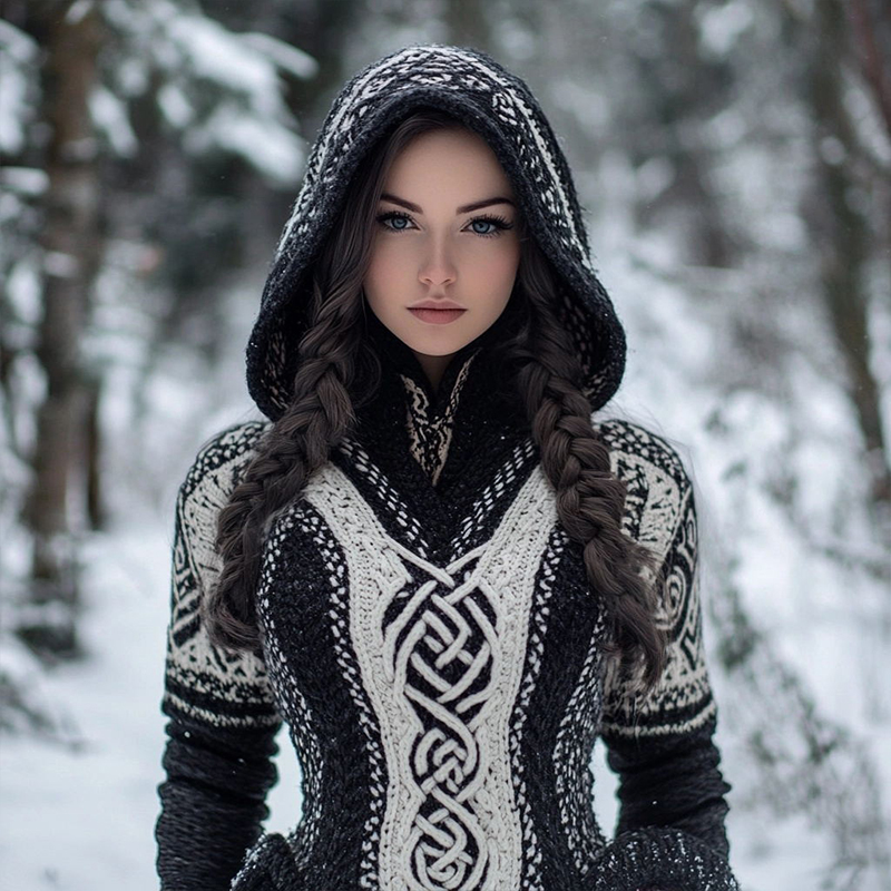 Women's Celtic Knot Jacquard Contrast Color Knit Hooded Sweater Women's Celtic Knot Jacquard Contrast Color Knit Hooded Sweater