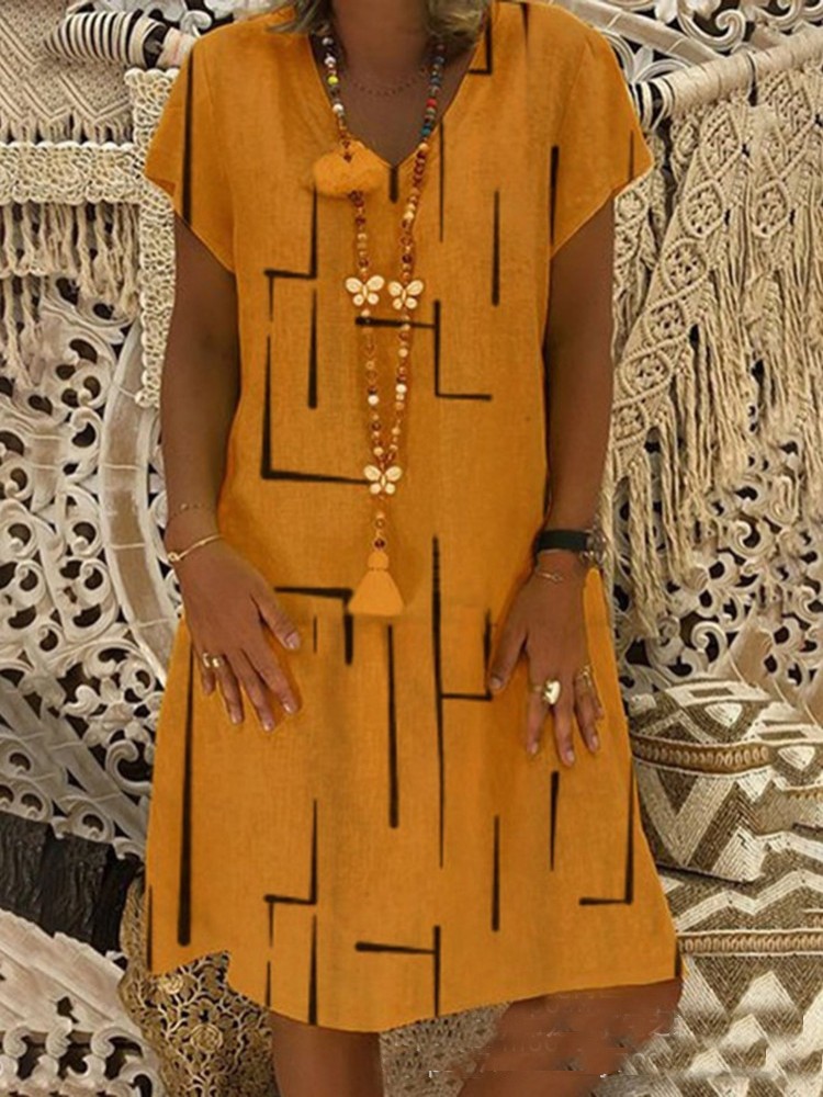 Geometric Pattern V Neck A Line Midi Dress Geometric Pattern V Neck A Line Midi Dress