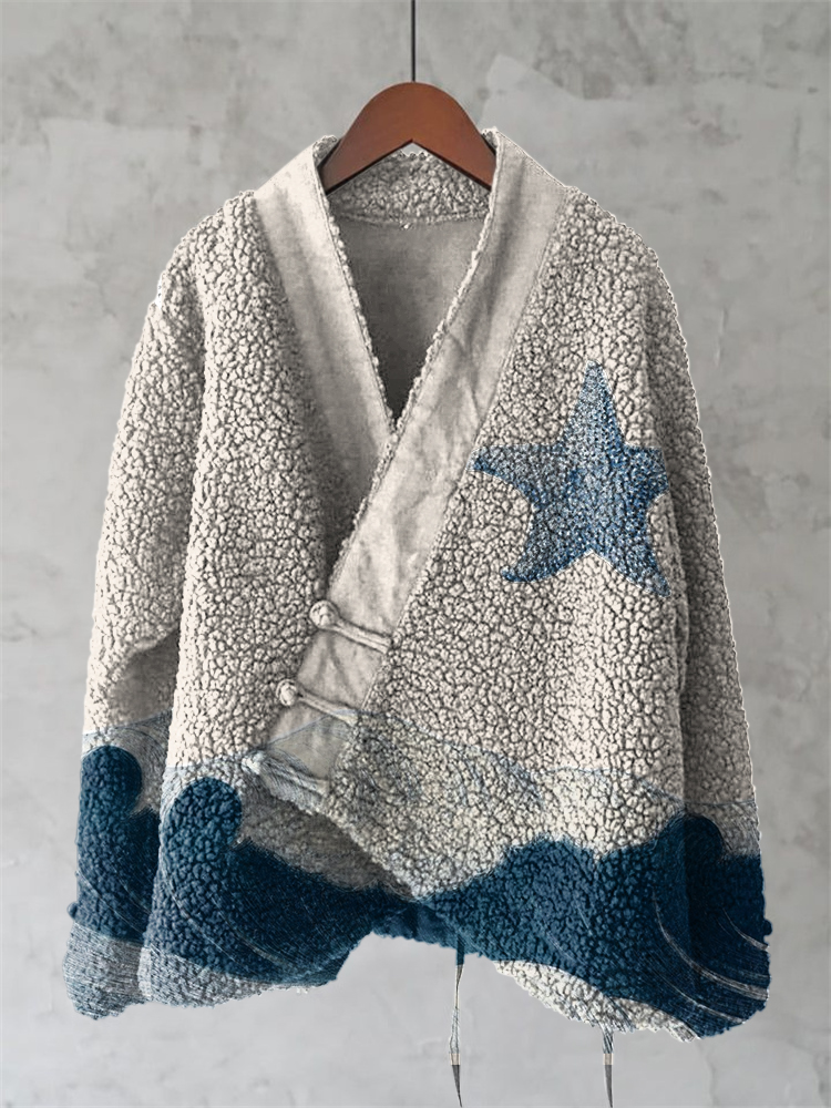 Vintage Wave And Starfish Art Print Kimono Cardigan