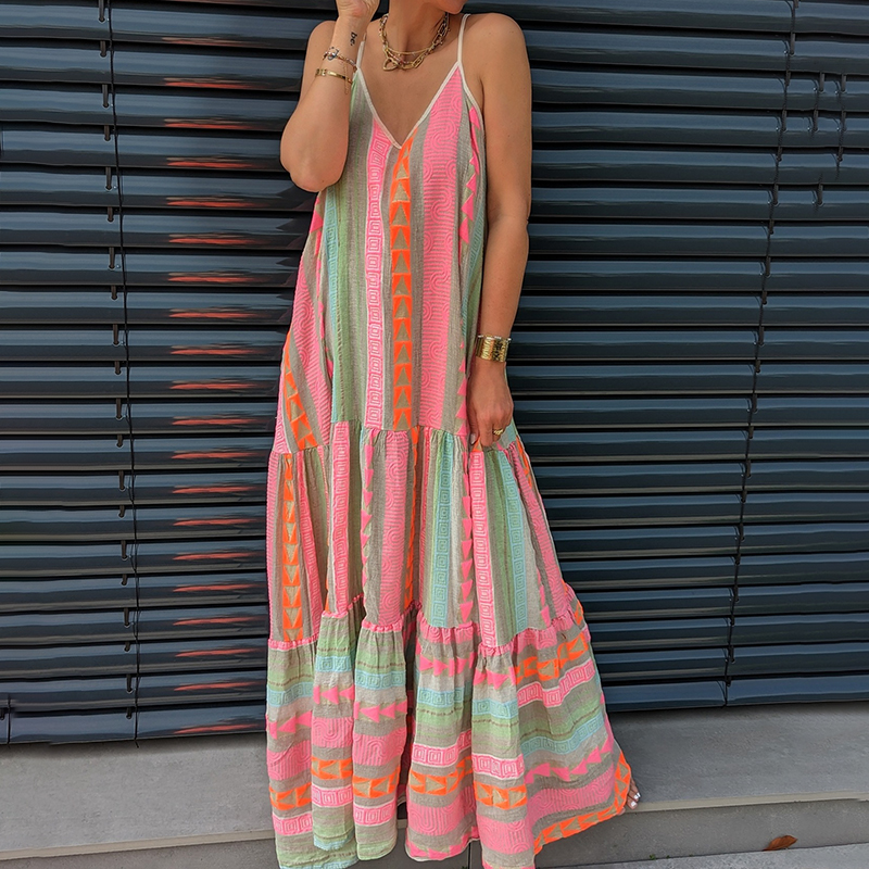 Vintage Geometric Color Block Bohemian Patchwork Sleeveless Colorful Dress Vintage Geometric Color Block Bohemian Patchwork Sleeveless Colorful Dress