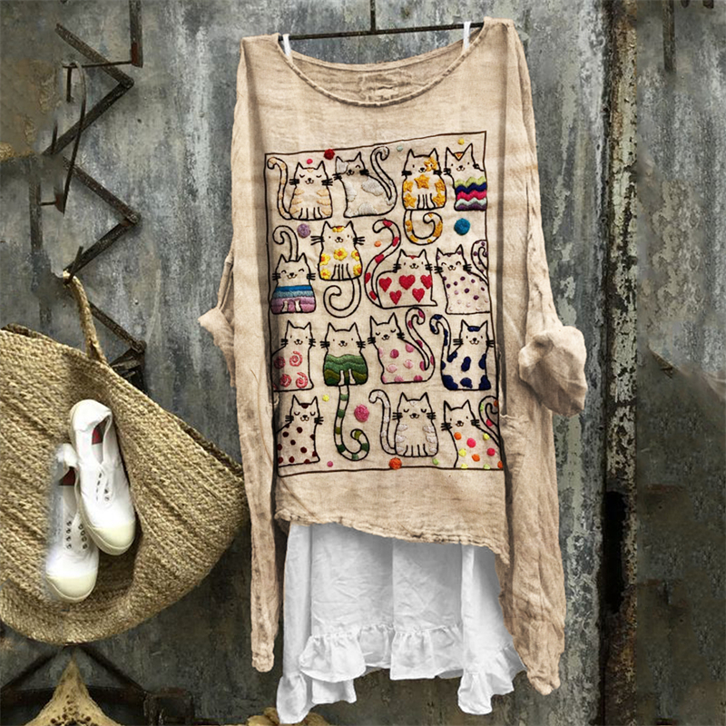 Colorful Cats Embroidered Art Linen Blend Tunic Colorful Cats Embroidered Art Linen Blend Tunic