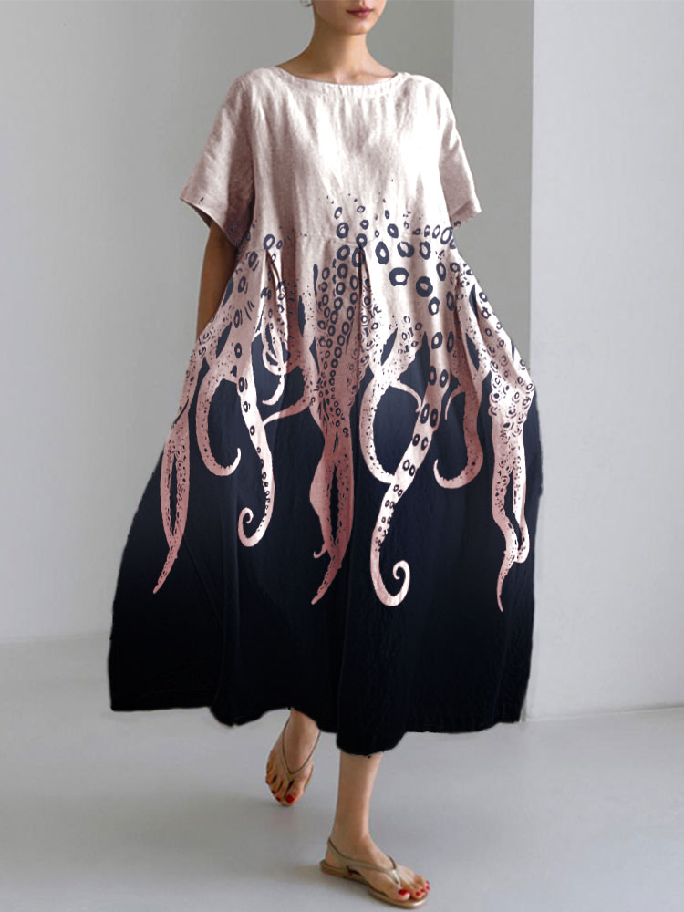 Ocean Octopus Japanese Art Linen Blend Casual Dress Ocean Octopus Japanese Art Linen Blend Casual Dress