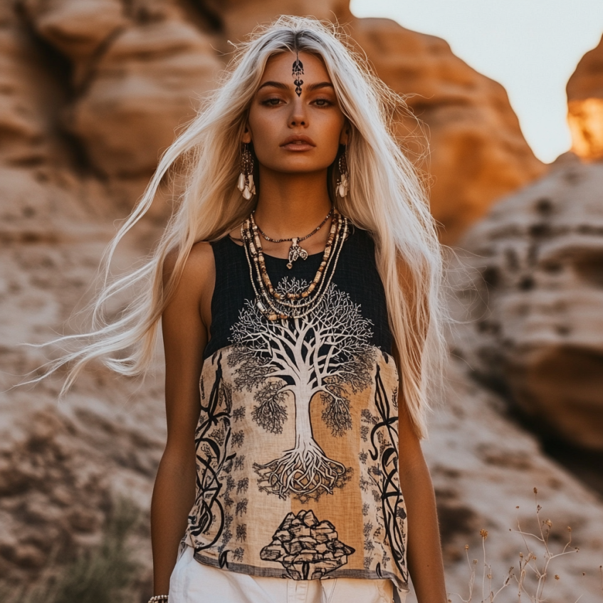 Women's Viking  Tree Of Life Tribal With Celtic Knot Pattern Art Linen Sleeveless Top