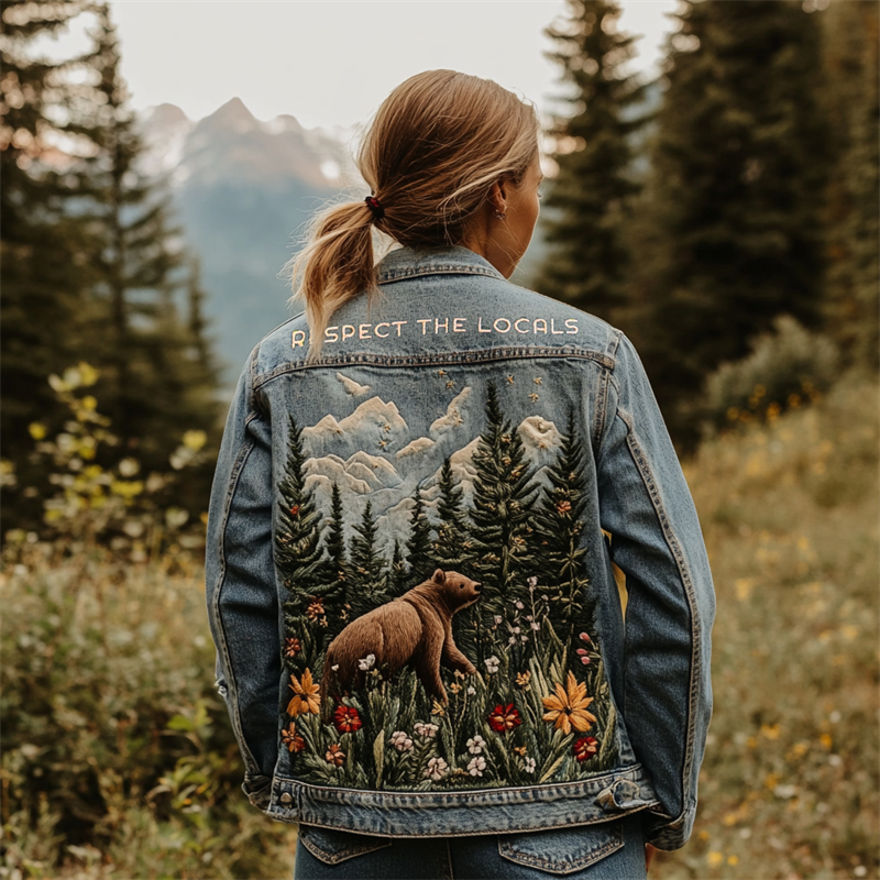 Respect The Locals Bear Landscape Embroidered Denim Jacket