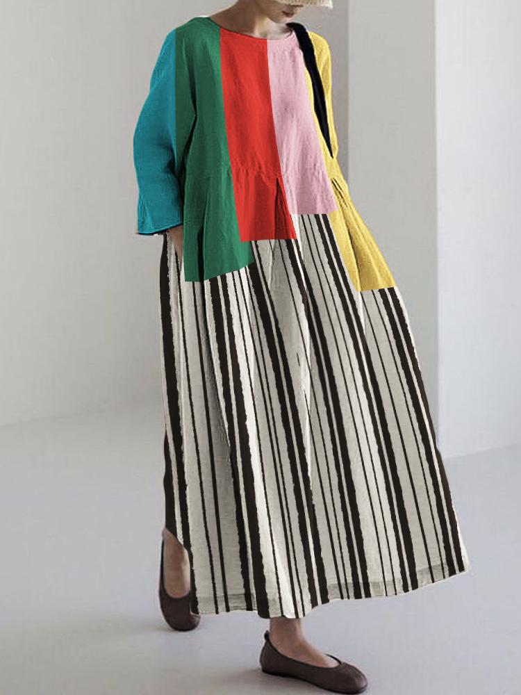 Colorblock Geometric Art Striped Linen Blend Maxi Dress