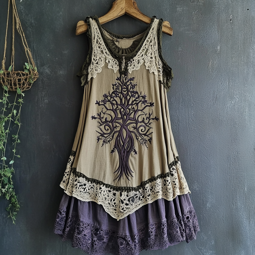 Women's Vintage Tribal Viking Tree Of Life Lace Panel Dress Women's Vintage Tribal Viking Tree Of Life Lace Panel Dress