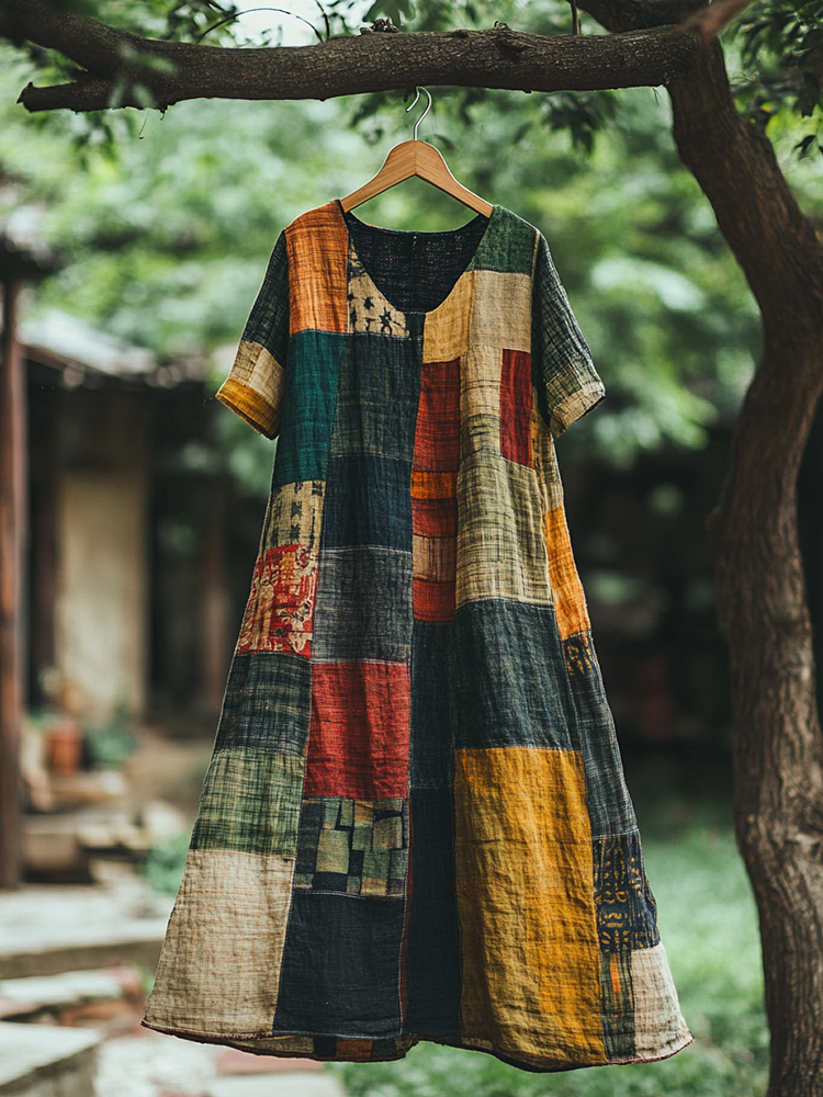 Vintage Color Block V Neck Linen Blend Midi Dress