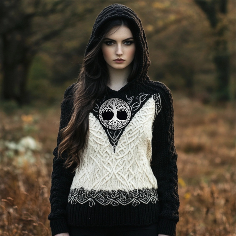Viking Tree Of Life Contrast Color Cozy Hooded Sweater Viking Tree Of Life Contrast Color Cozy Hooded Sweater