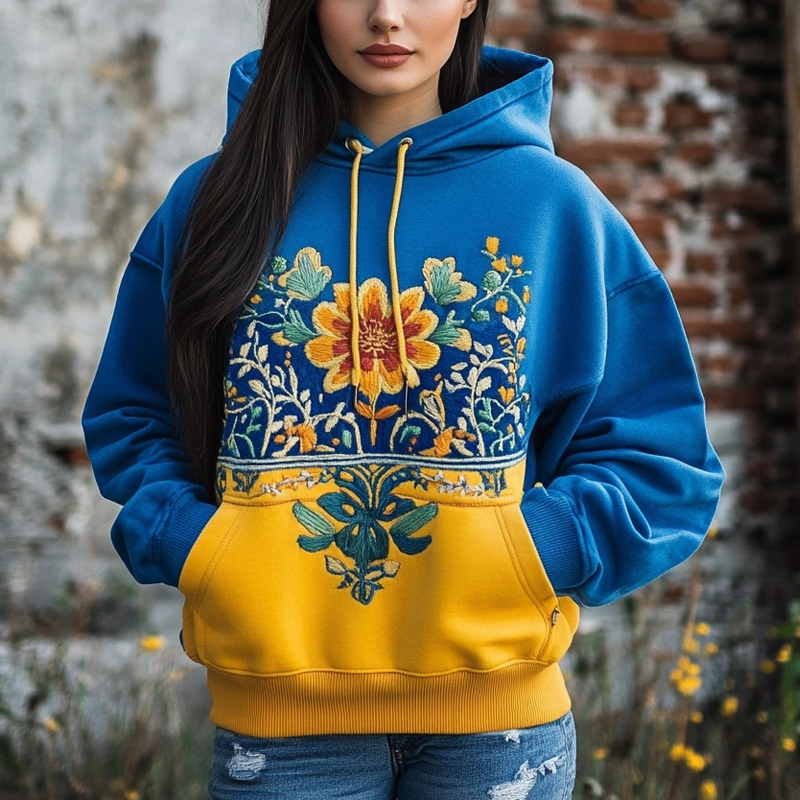 Ukrainian Folk Floral Embroidered Contrast Color Comfy Hoodie