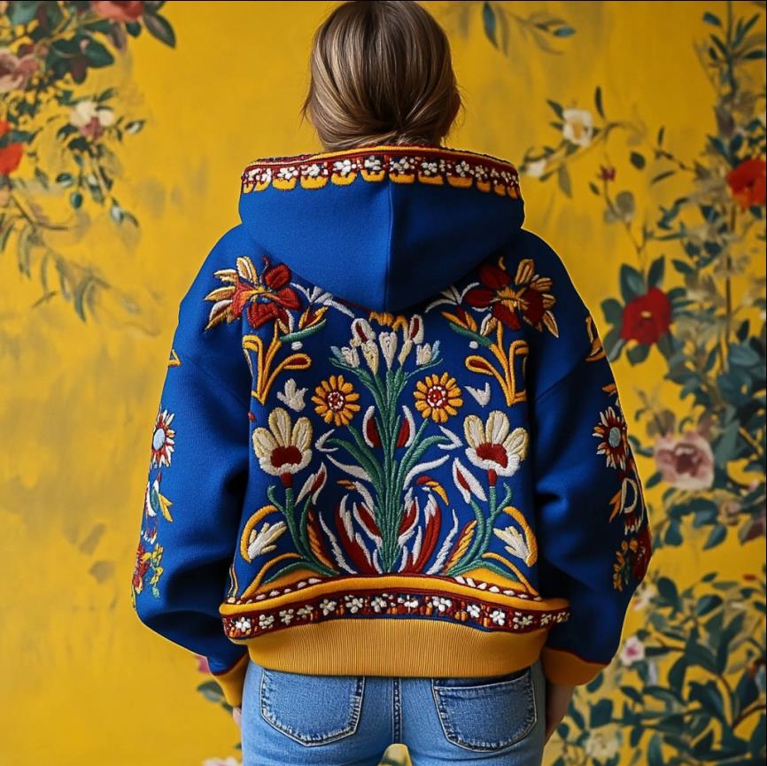 Ukraine Floral Embroidered Contrast Color Cozy Hoodie Ukraine Floral Embroidered Contrast Color Cozy Hoodie
