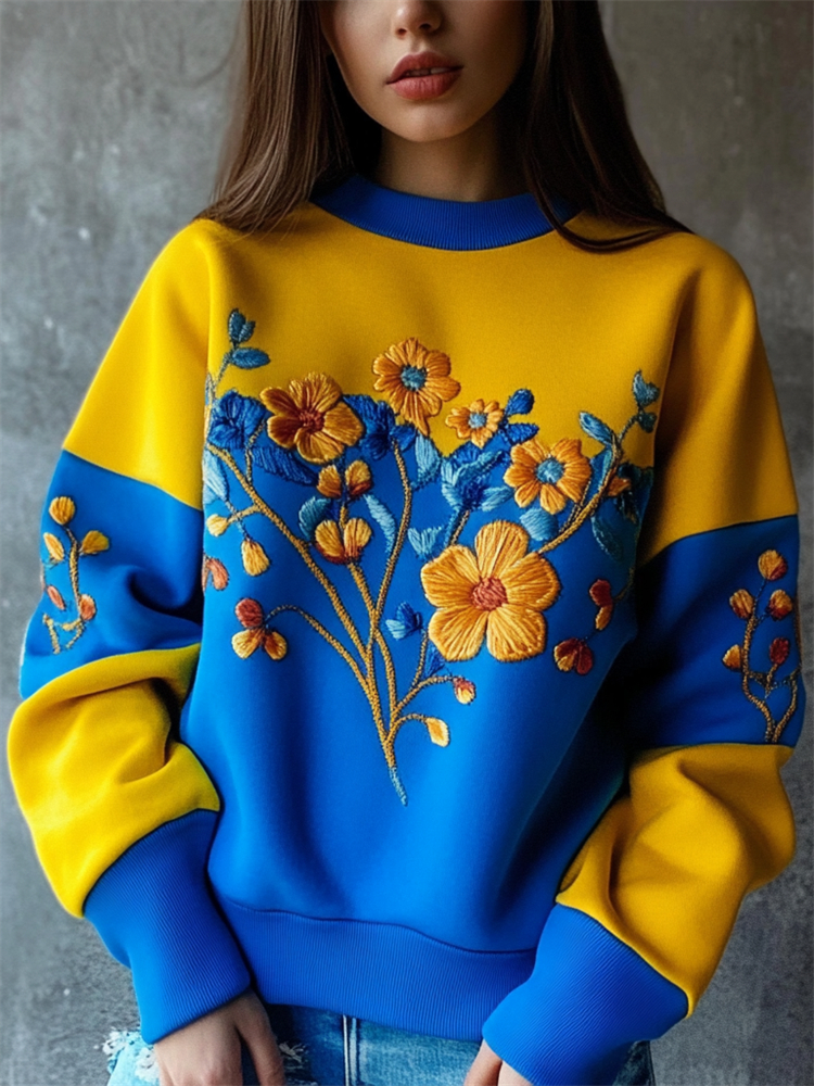 Ukraine Classy Floral Embroidered Contrast Color Sweatshirt