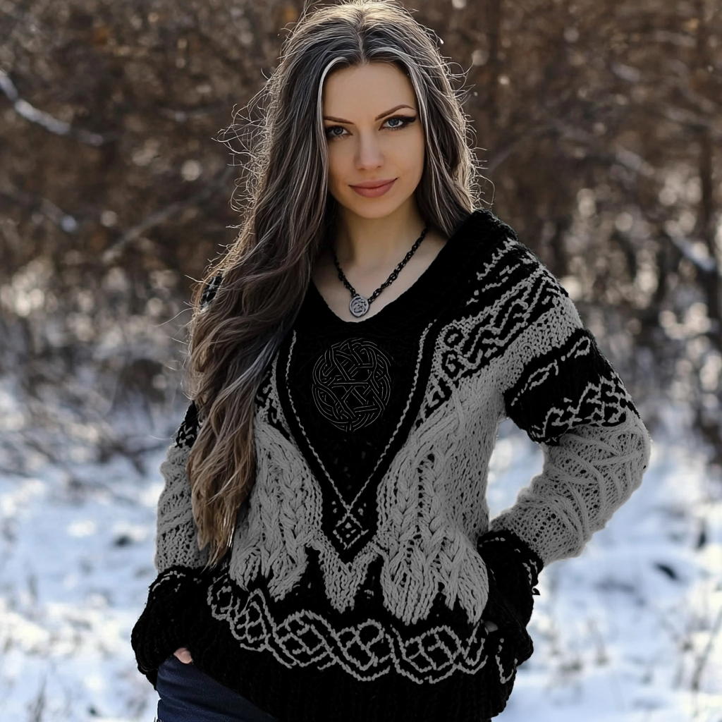 Women's Viking Rune Knit Jacquard V-neck Sweater