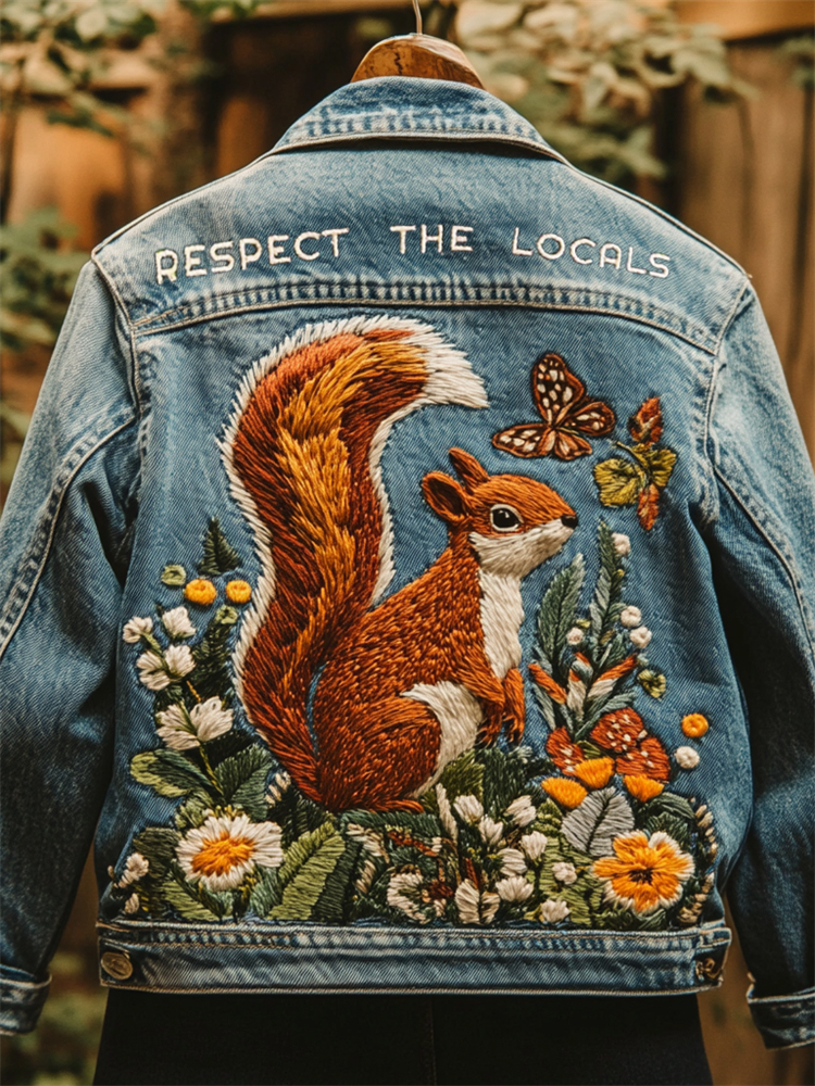 Respect The Locals Forest Squirrel Embroidered Denim Jacket