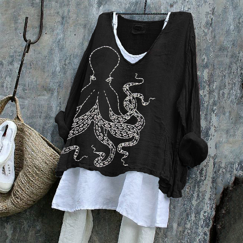 Japanese Octopus Embroidered Sashiko Linen Blend Tunic