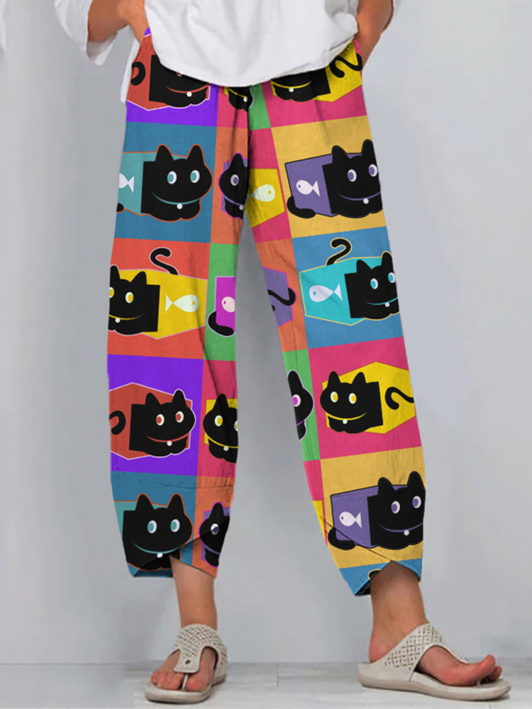 Women's Black Cat Multicolor Pop Art Linen Blend Pants