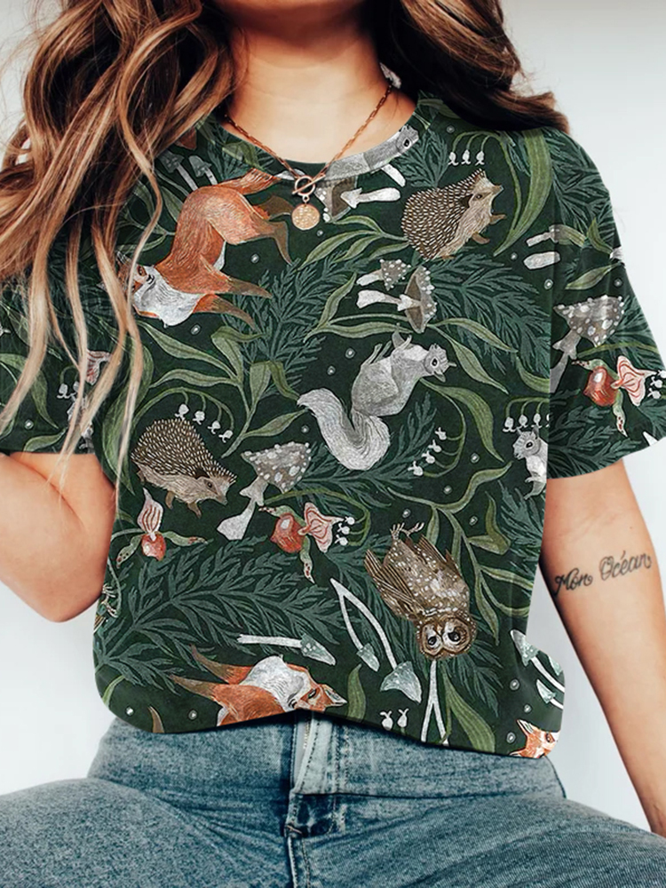 Vintage Forest Animals Printed Comfy T Shirt