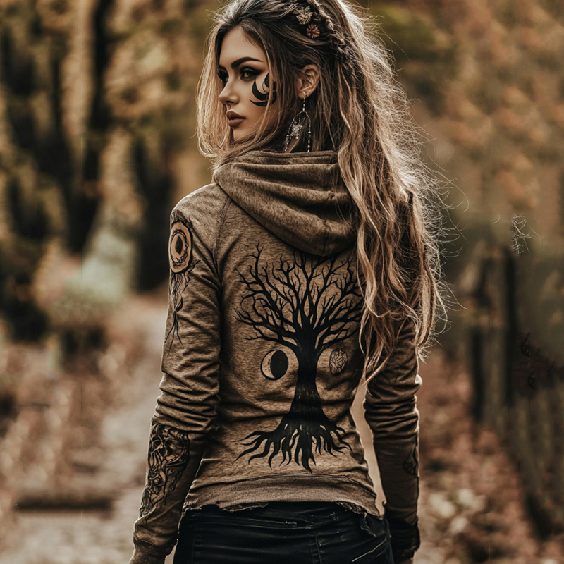 Women's Tribal Life Of Tree And Moon Totem Hoodie Women's Tribal Life Of Tree And Moon Totem Hoodie