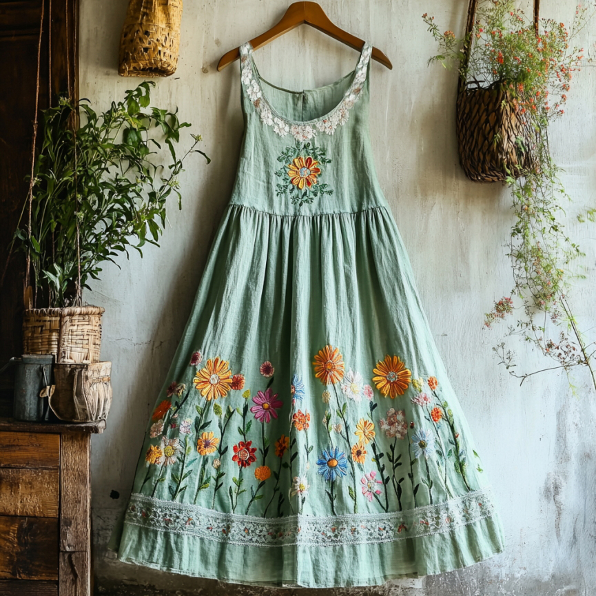 Vintage Boho Colorful Floral Lace Embroidered Art Linen Tank Dress Vintage Boho Colorful Floral Lace Embroidered Art Linen Tank Dress