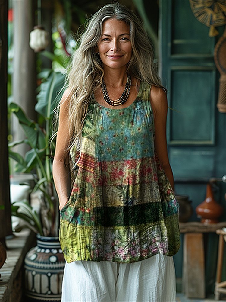 Vintage Geometric Floral Patchwork Art Print Women's Linen Tank Top
