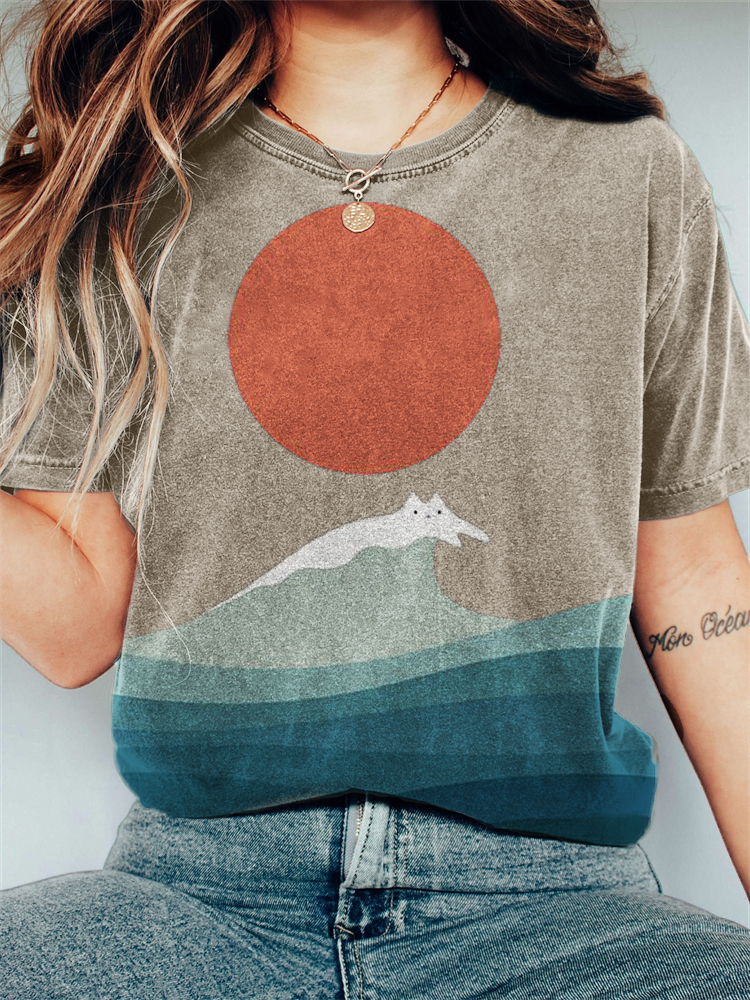 Cat Sea Wave Sunrise Japanese Art Vintage T Shirt Cat Sea Wave Sunrise Japanese Art Vintage T Shirt