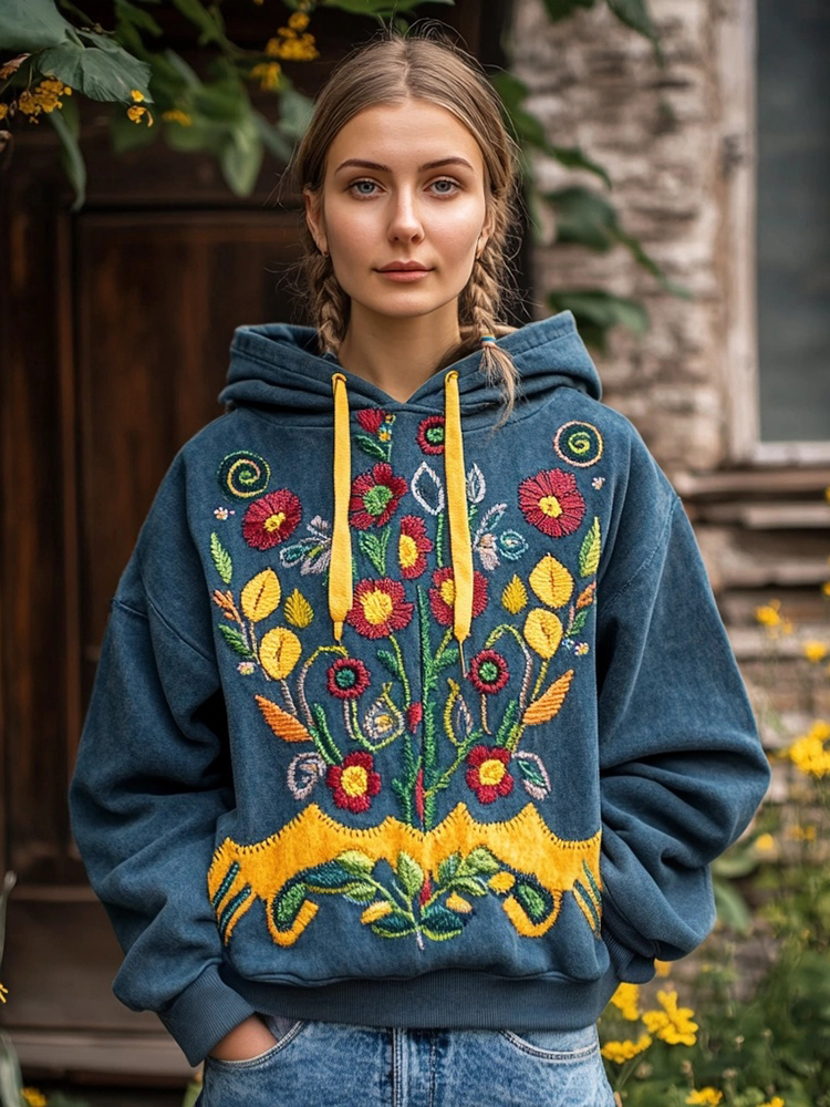 Ukrainian Folk Floral Embroidered Vintage Comfy Hoodie Ukrainian Folk Floral Embroidered Vintage Comfy Hoodie