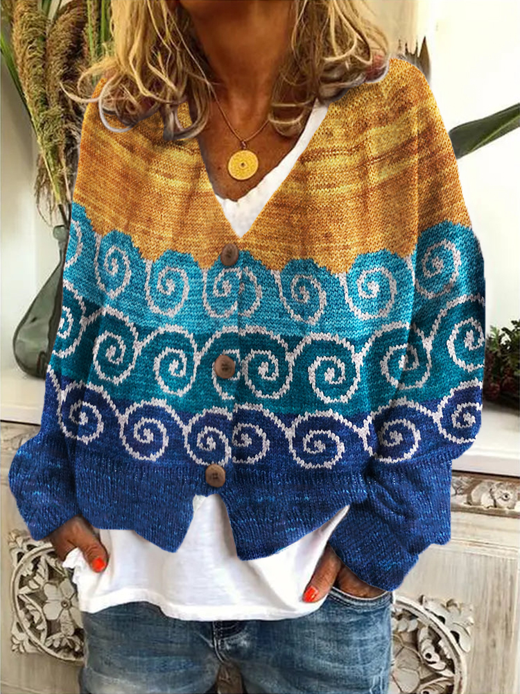 Japanese Sea Waves Colorblock Knit Art Cardigan
