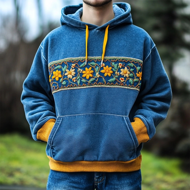 Men's Ukrainian Folk Flower Embroidered Washed Cozy Hoodie Men's Ukrainian Folk Flower Embroidered Washed Cozy Hoodie