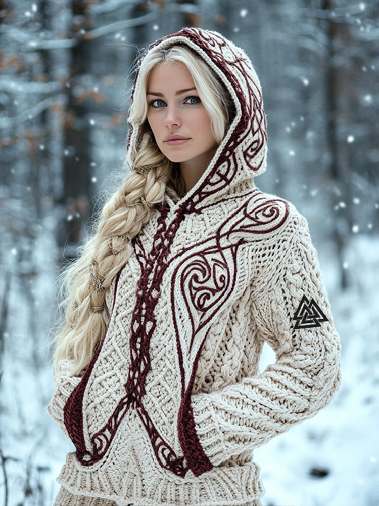 Women's Viking Jacquard Celtic Knitted Hooded Sweater