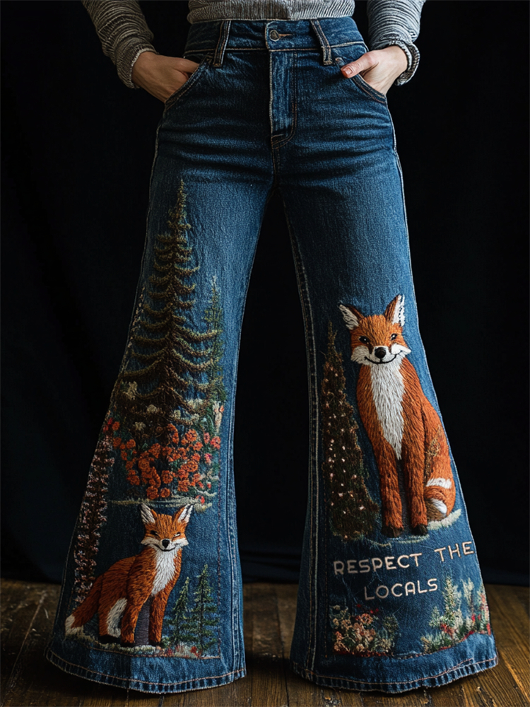 Respect The Locals Forest Foxes Embroidered Flare Jeans