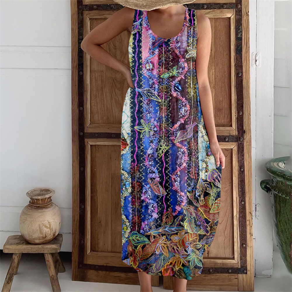 Vintage Boho Floral Embroidered Linen Tank Dress Vintage Boho Floral Embroidered Linen Tank Dress
