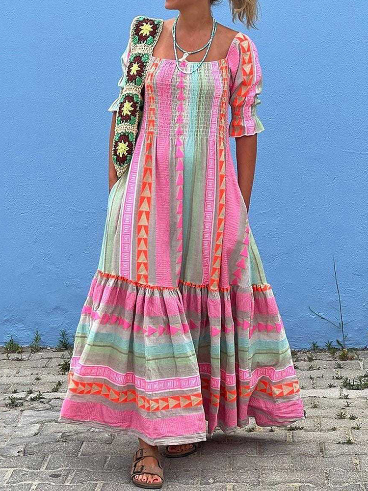 Vintage Geometric Color Block Bohemian Leisure Holiday Pleated Patchwork Half Sleeve Square Neck Colorful Midi Dress