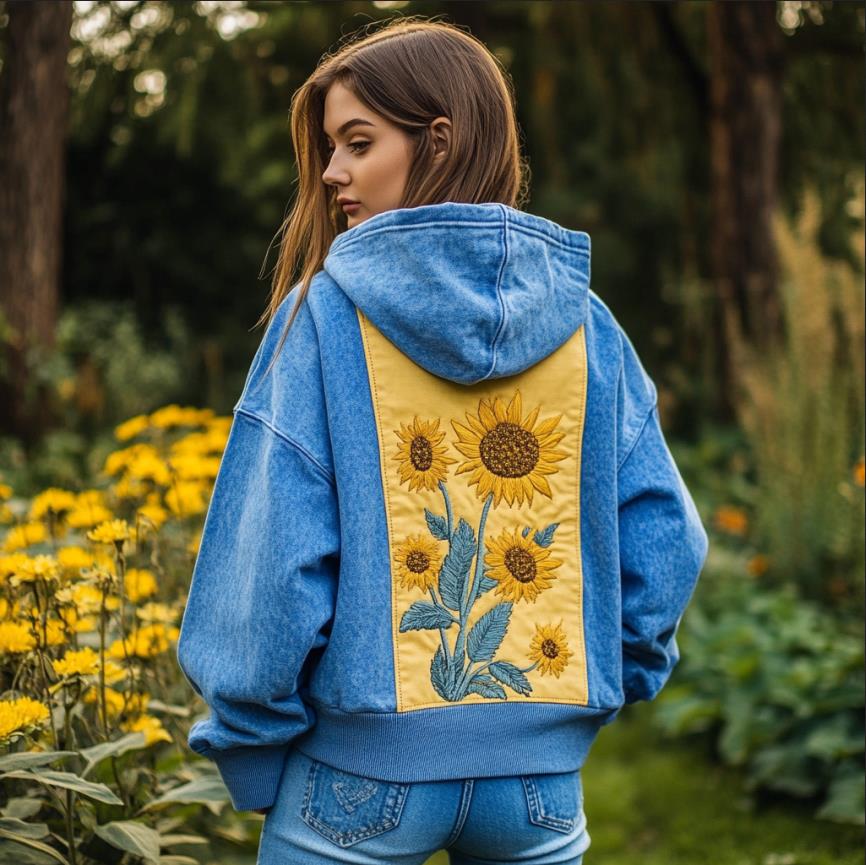Women's Ukrainian Sunflower Embroidered Print Washde Hooded Sweatshirt
