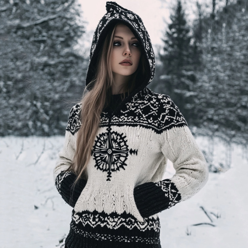 Vintage Viking Compass Celtic Cozy Chunky Hooded Cardigan Vintage Viking Compass Celtic Cozy Chunky Hooded Cardigan