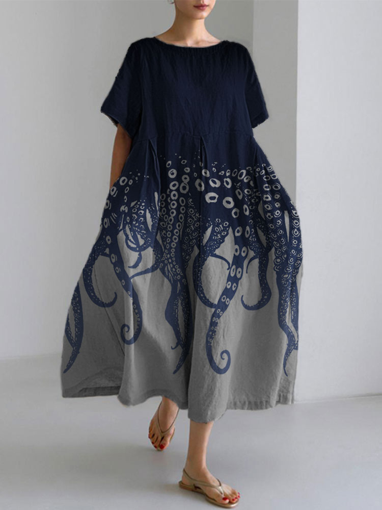 Ocean Octopus Japanese Art Linen Blend Casual Dress Ocean Octopus Japanese Art Linen Blend Casual Dress