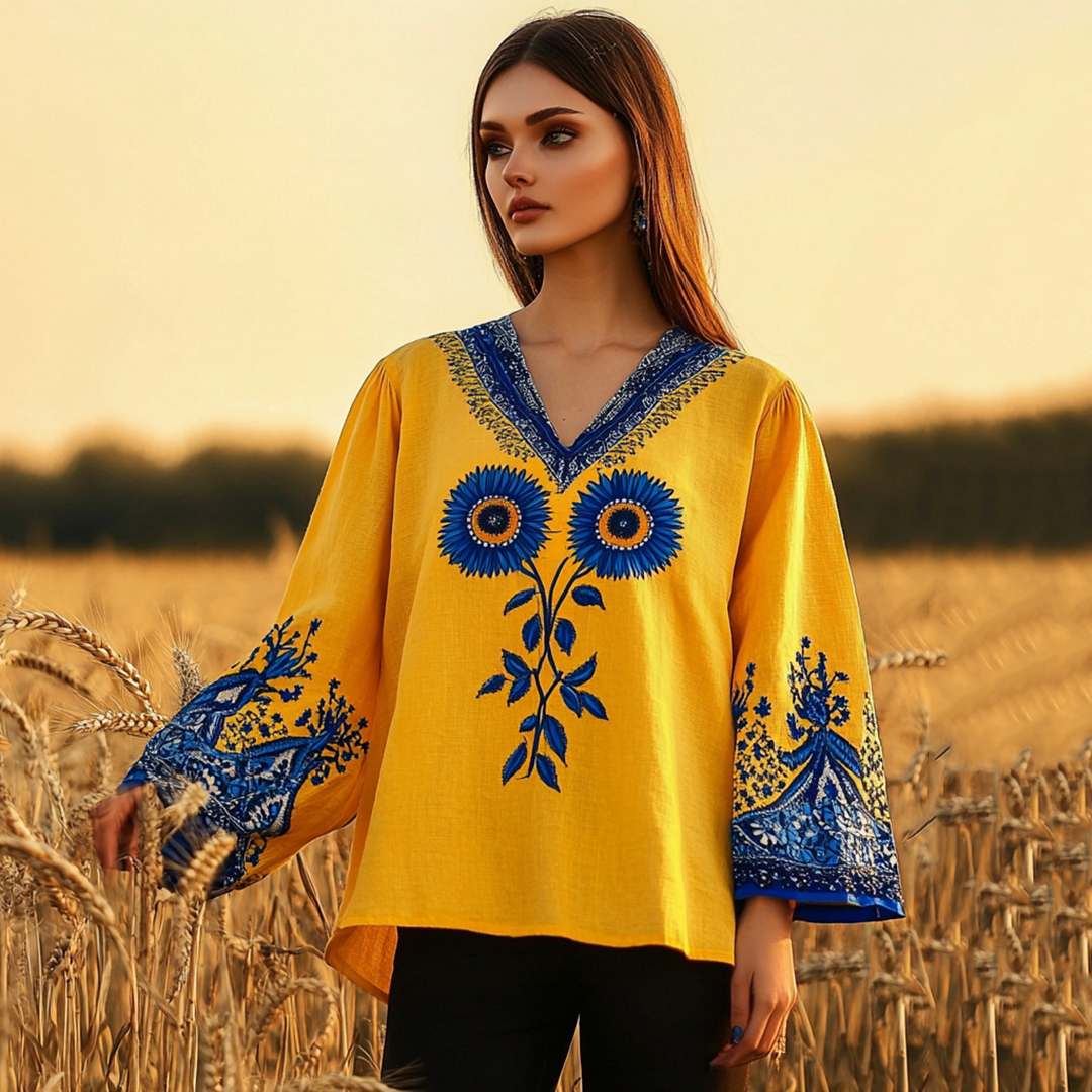 Women's Ukrainian Sunflower Embroidery Art V-neck Linen Blend T-shirt Women's Ukrainian Sunflower Embroidery Art V-neck Linen Blend T-shirt
