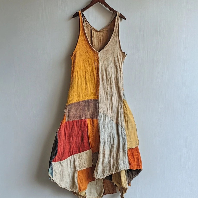Vintage Patchwork Art Linen Blend Midi Dress Vintage Patchwork Art Linen Blend Midi Dress
