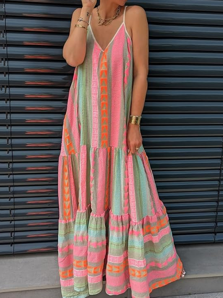 Vintage Geometric Color Block Bohemian Patchwork Sleeveless Colorful Dress