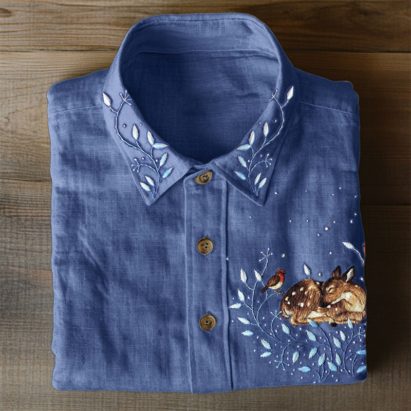 Sleeping Deer Forest Embroidered Linen Blend Blouse Sleeping Deer Forest Embroidered Linen Blend Blouse