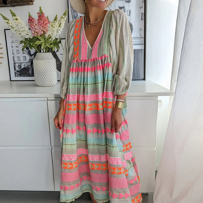 Vintage Colorful Linen Blend Midi Dress